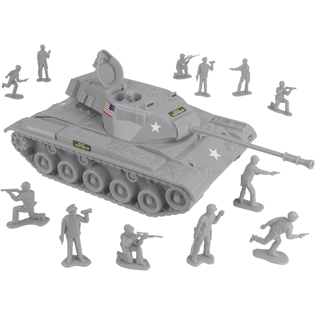 Tim Mee Toy Walker Bulldog Tank Playset- Gray 13pc - Made in USA
