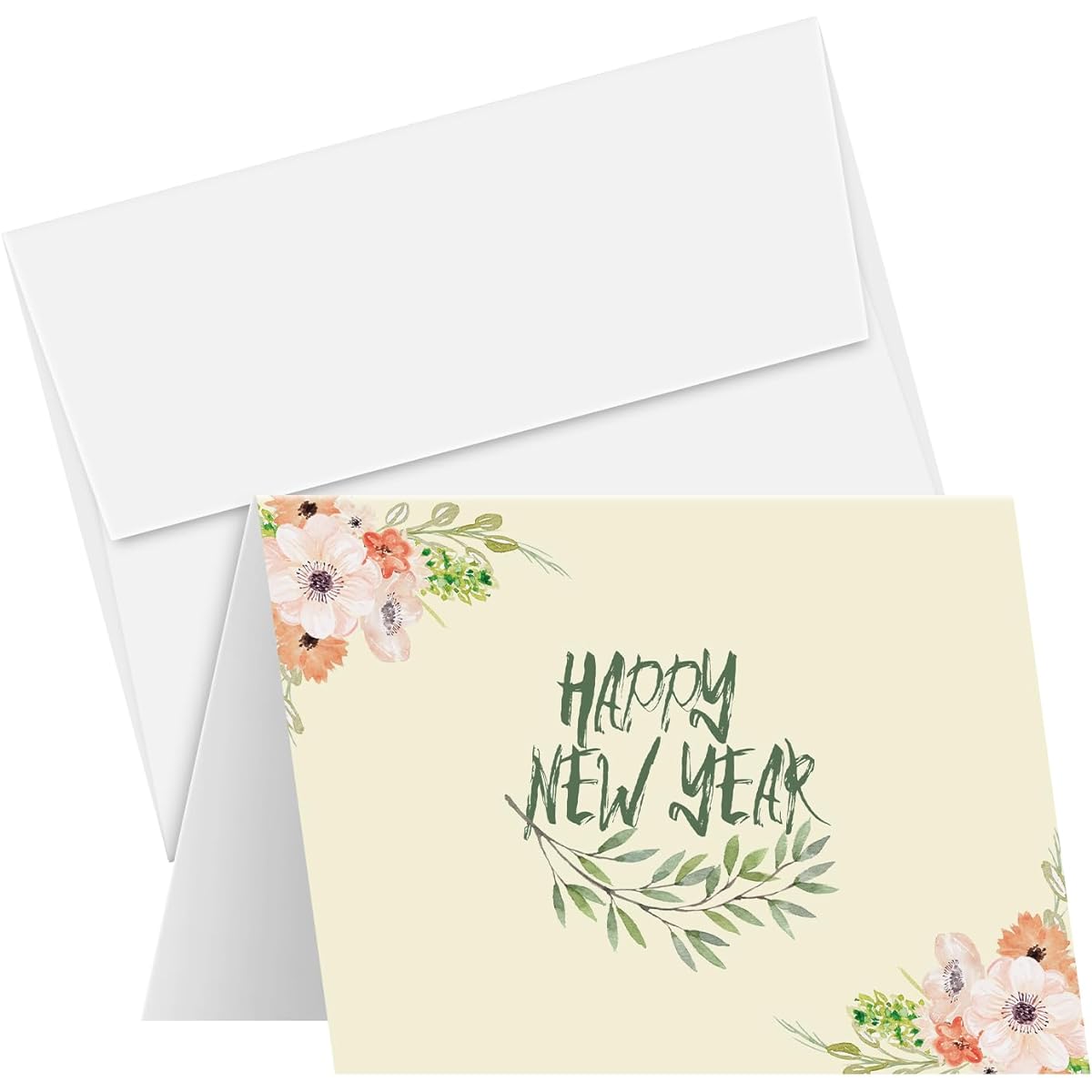 Happy New Year Elegant Beautiful Floral Holiday Wrap-around Greeting Cards Christmas Xmas New Year Gift Present 4.25 x 5.5 Inch (A2 Size) 10 Cards and 10 Envelopes