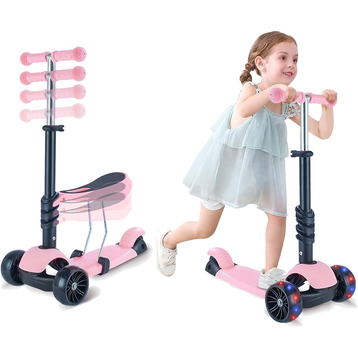 Kick Scooter Toy for Kids Age 2 3 4 5 Years Old, 3 LED Wheels, 4 Height Adjustable Levels, Removable Seat for Ride-On Scooter, Birthday Gift, Outdoor Toy for Babies, Toddlers, Boys, Girls
