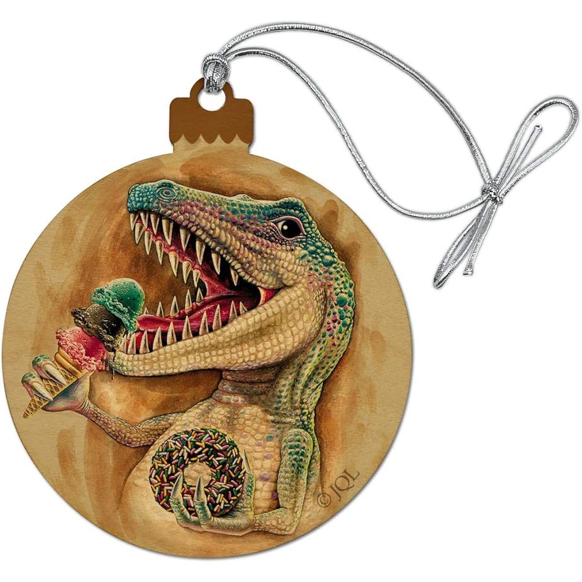 T-Rex Dinosaur Donut Ice Cream Funny Julia's Junkie Wood Christmas Tree Holiday Ornament