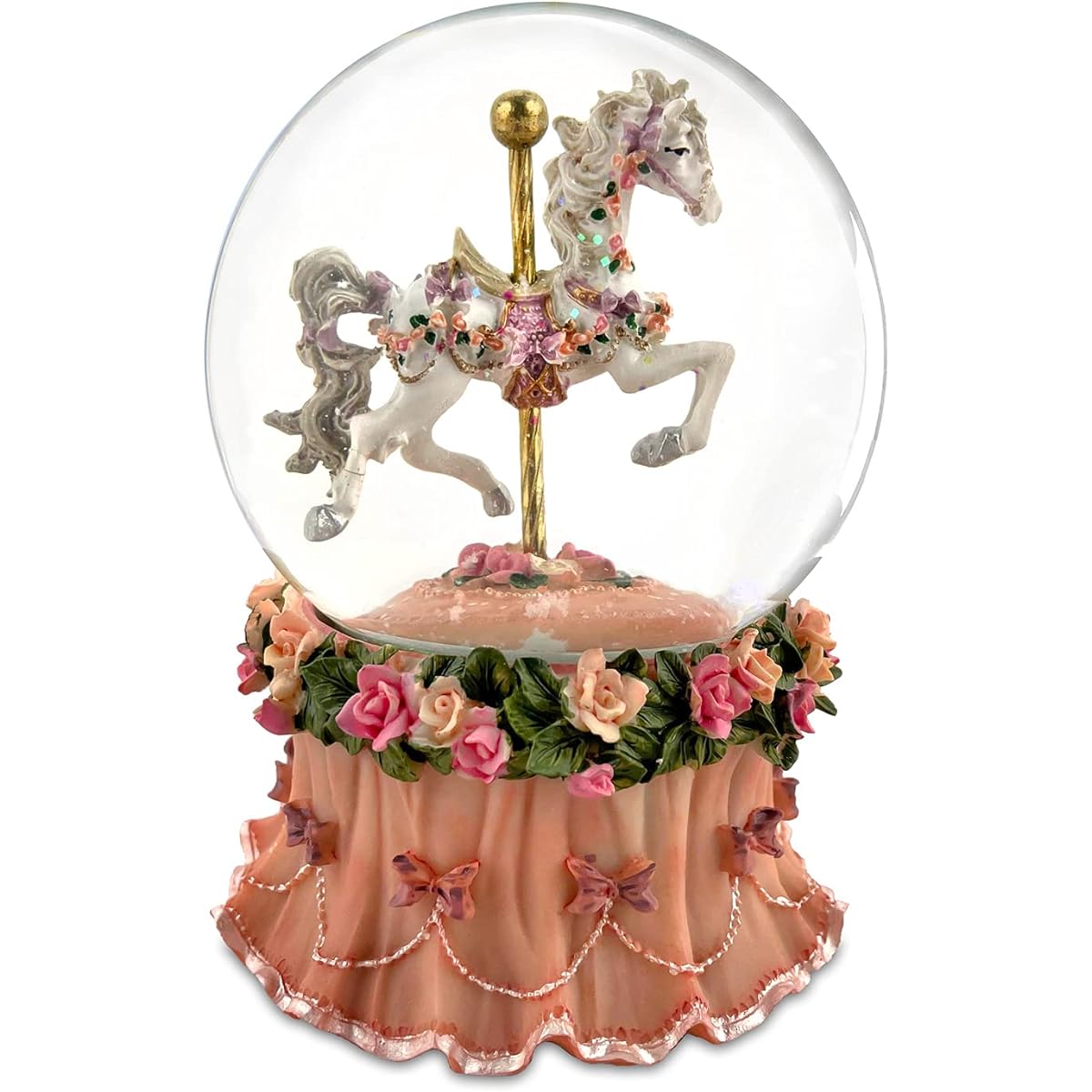 Carousel Water Globe with Pink Flower Base
