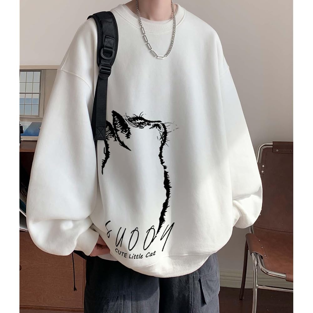 [FJLTDCP] Sweatshirt Hoodie Men's Long Sleeve Pullover Print Cat Crew Neck Stylish Sweatshirt Round Neck Large Size Switching Loose Big Silhouette Fashion Spring Autumn Winter Clothes