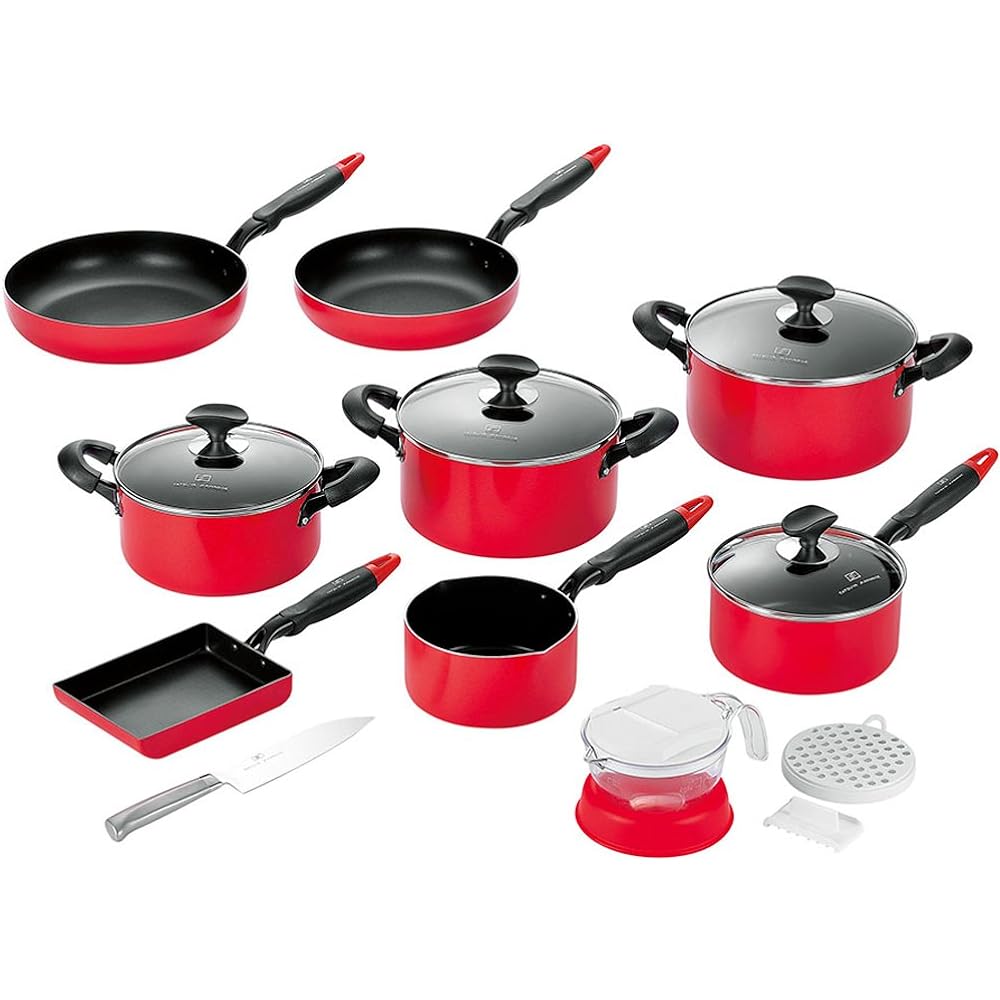 Yokoyama Tatsuya Kawagoe 5-piece set TKM-1500S Red Two-handed pot 22cm, two-handed pot 20cm, one-handed pot 18cm, frying pan 26cm, Tamagoyaki 13 x 18cm