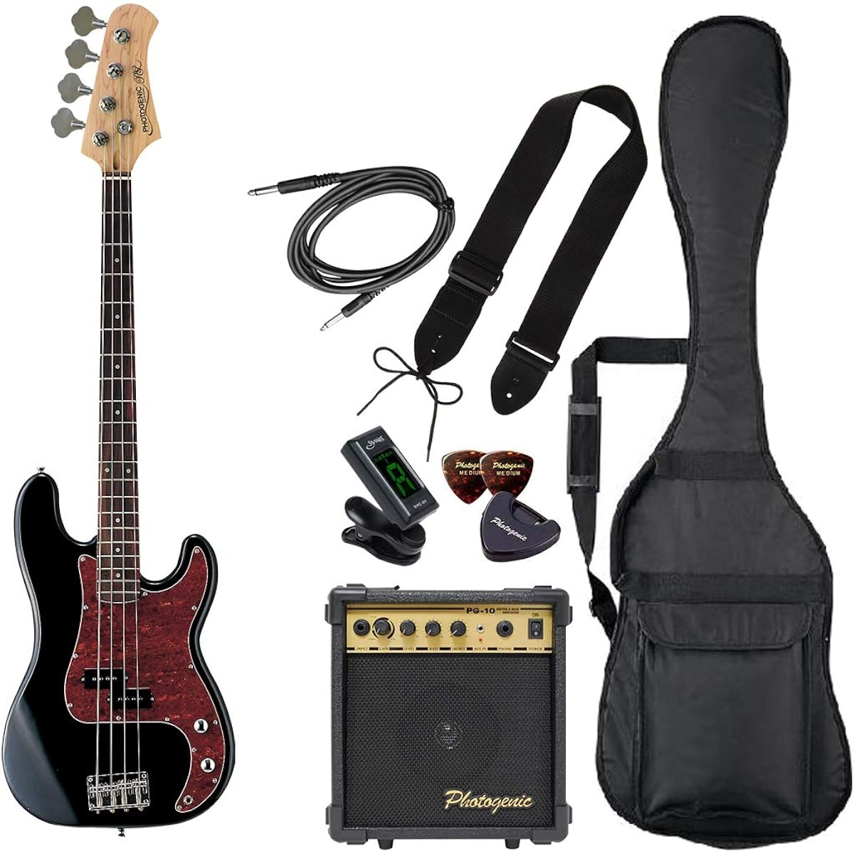 PhotoGenic Electric Bass Beginner Light Set Precision Base Type PB-240/BK/T3P Black/Tortoiseshell Pickguard