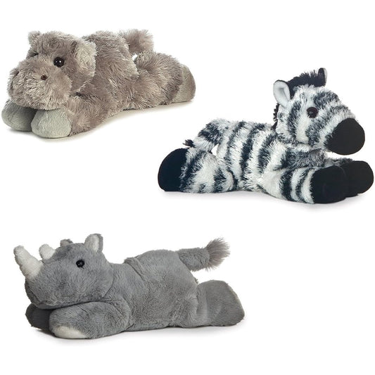 Aurora Howard Hippo Zany Zebra Rhino Mini Flopsie 8" Bundle