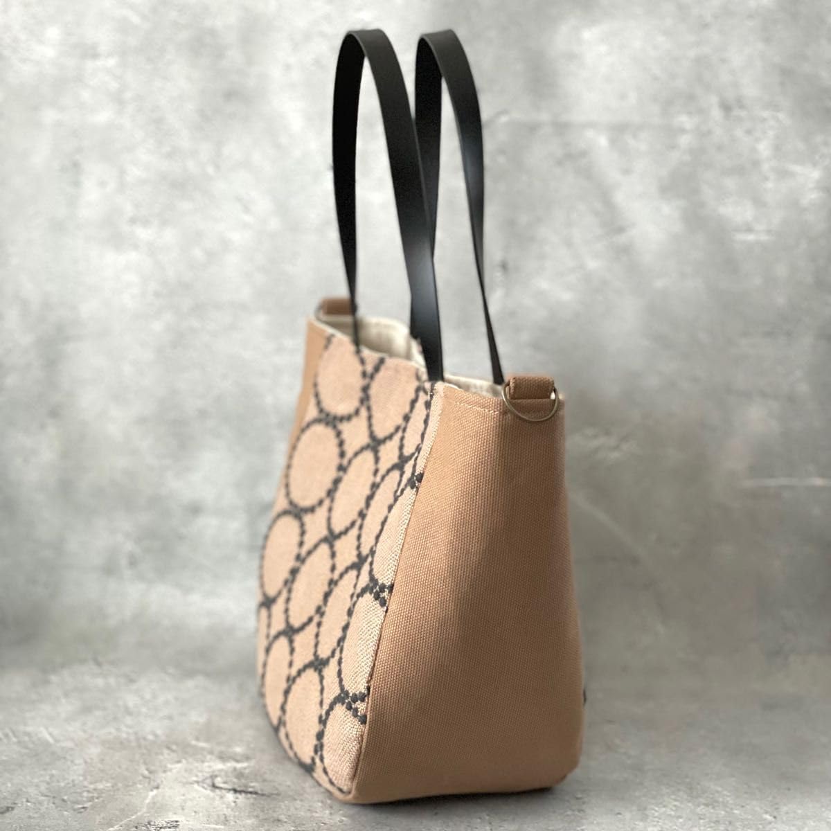 Mina Perhonen Tambourine Beige Round Tote with Genuine Leather Handles