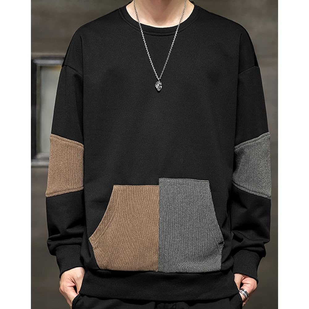 [Bligo] Autumn Sweatshirt T-shirt, Men's, Long Sleeve, Sports, Pullover, Splicing, Stylish, Pockets, Loose, Large Size, Popular, Casual, Fashion, Round Neck, Soft and Comfortable, Spring and Winter Clothes