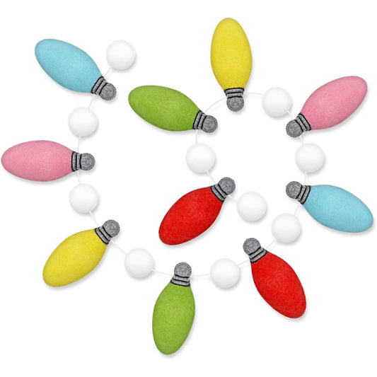 Whaline Christmas Felt Garland Colorful 3D Light Bulb Pom Pom Ball Banner Christmas Decoration Rainbow Light Bulbs Hanging Bunting Garland for Christmas Tree Holiday Home Fireplace Window Wall Decor