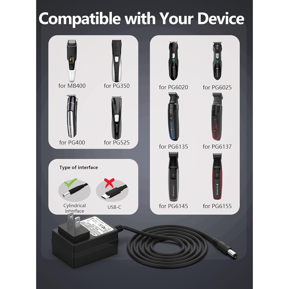 5V Charger Remington Shaver Charger Cord PG525 PG6025 MB2500 PG6135 PG6060 PG6015 PG250 PG200 PG225 Remington Beard Trimmer Razor Power AC Adapter Cable Replacement Part Black 6ft