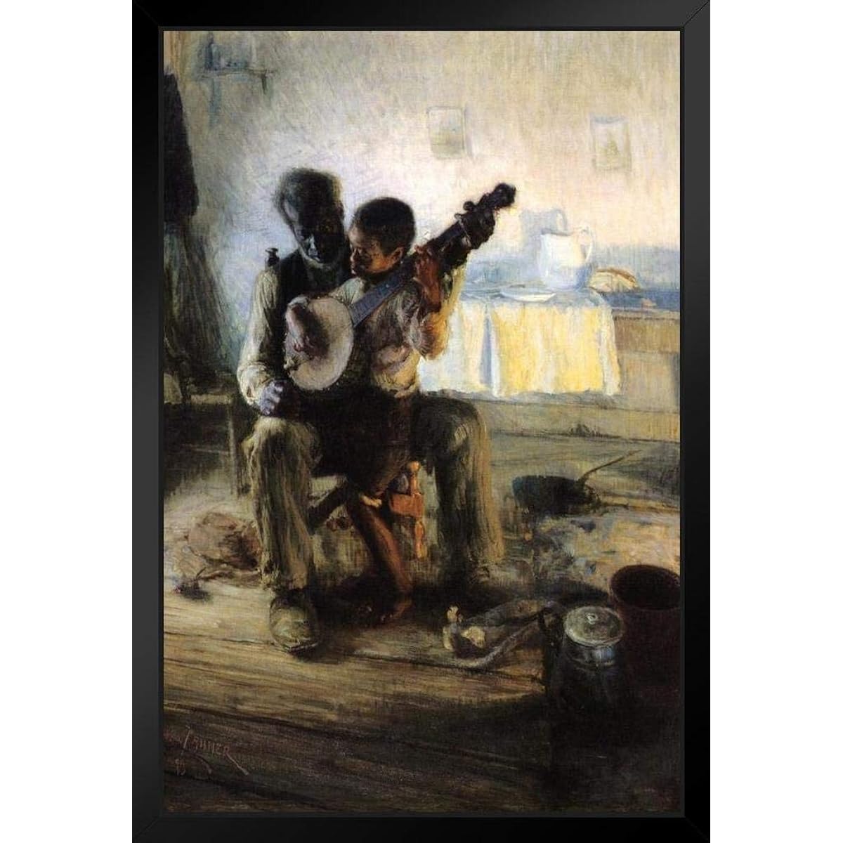 Henry Ossawa Tanner Banjo Lesson Poster 1893 Oil Painting Man Teaching Boy Banjo Instrument Music Classroom Stand Hanging Wood Frame Display 9x13 Inch