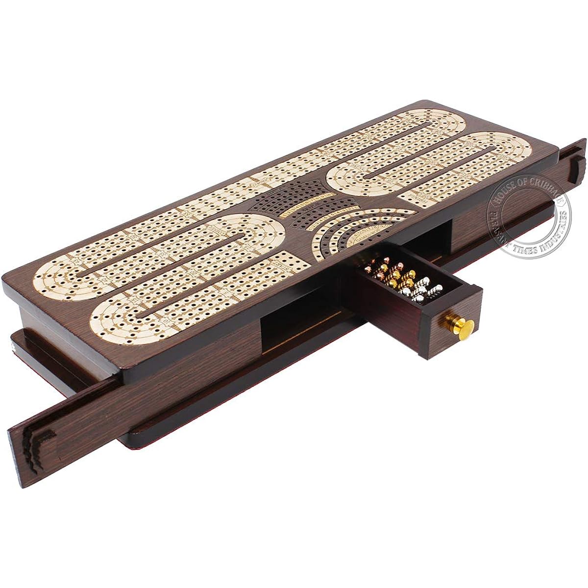 House of Cribbage - Continuous Cribbage Board / Box in Wenge Wood / Maple: 4 Tracks - Sliding Lid & Drawer with Score Marking Field for Skunk, Corner, and Win Games