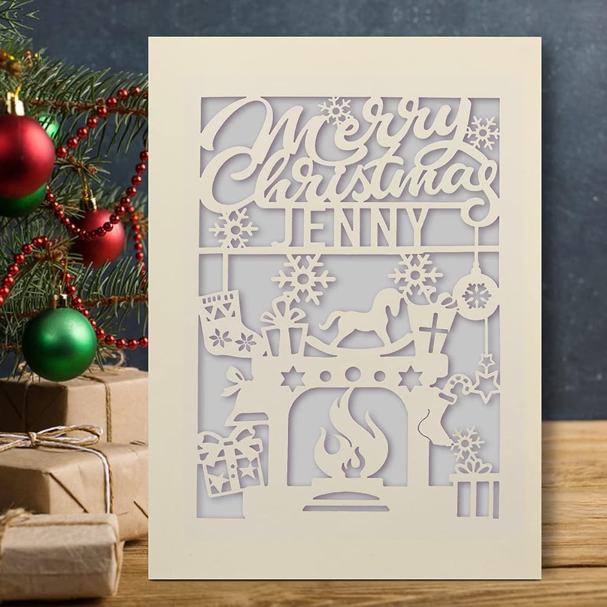 Personalized Christmas Cards Christmas Greeting Cards Holiday Cards for Kids and Adults Laser Paper Cut Stove Merry Christmas with Envelopes Custom Gifts for Daughter Granddaughter Son Grandson (Grey)