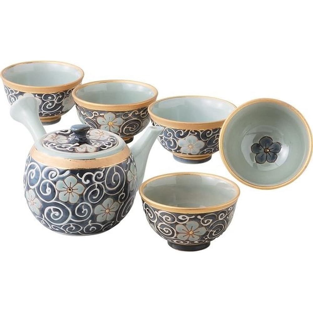 Hasami ware clay pot teacup set of 3, arabesque bellflower pattern, made in Japan 11482