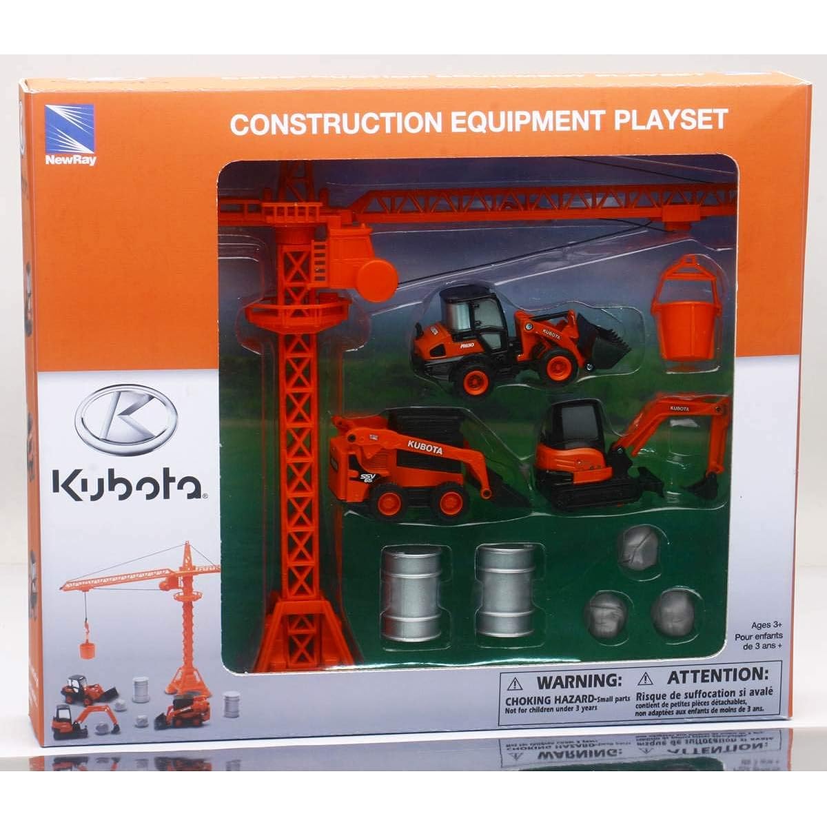 New-Ray Kubota Diecast Construction Vehicle Set Plastic Engineering Toy Playset Stair Loader Mini Excavator Wheel Loader Oil Drum Tower Crane Boulder for Kids