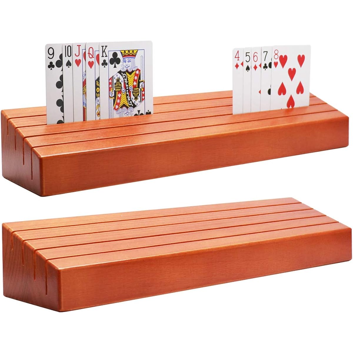 Set of 2 Wooden Playing Card Holders Solid Card Tray Rack Organizer for Kids, Seniors and Adults - 13.8" 3.1" Extended Edition Long Enough for Canasta Strategy Card Playing