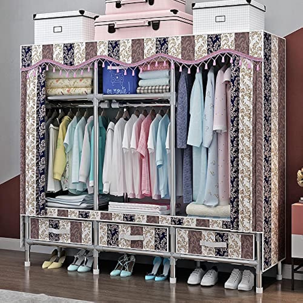 SUKIZUKI Wardrobe with Cover, Closet with 3 Drawers, Fringe Style Curtain, Large Capacity Storage, Assembly Type, Metal Rack, Steel Interface, Stylish, Sturdy, Dustproof, Width 150CM x Depth 45CM x Height 168CM, Brown