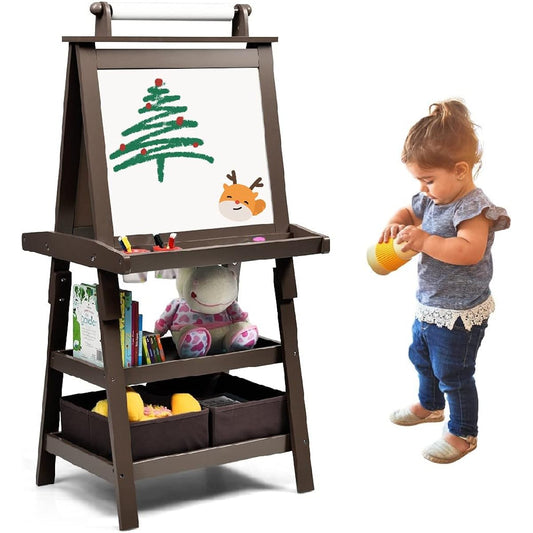 MAT Expert Kids Art Easel 2-Sided Child Easel with Magnetic Whiteboard & Chalkboard & Paper Roll Storage Easel with 2 Tier Rack & 2 Storage Boxes 3-in-1 Toddler Art Craft Supply Drawing Easel (Coffee)