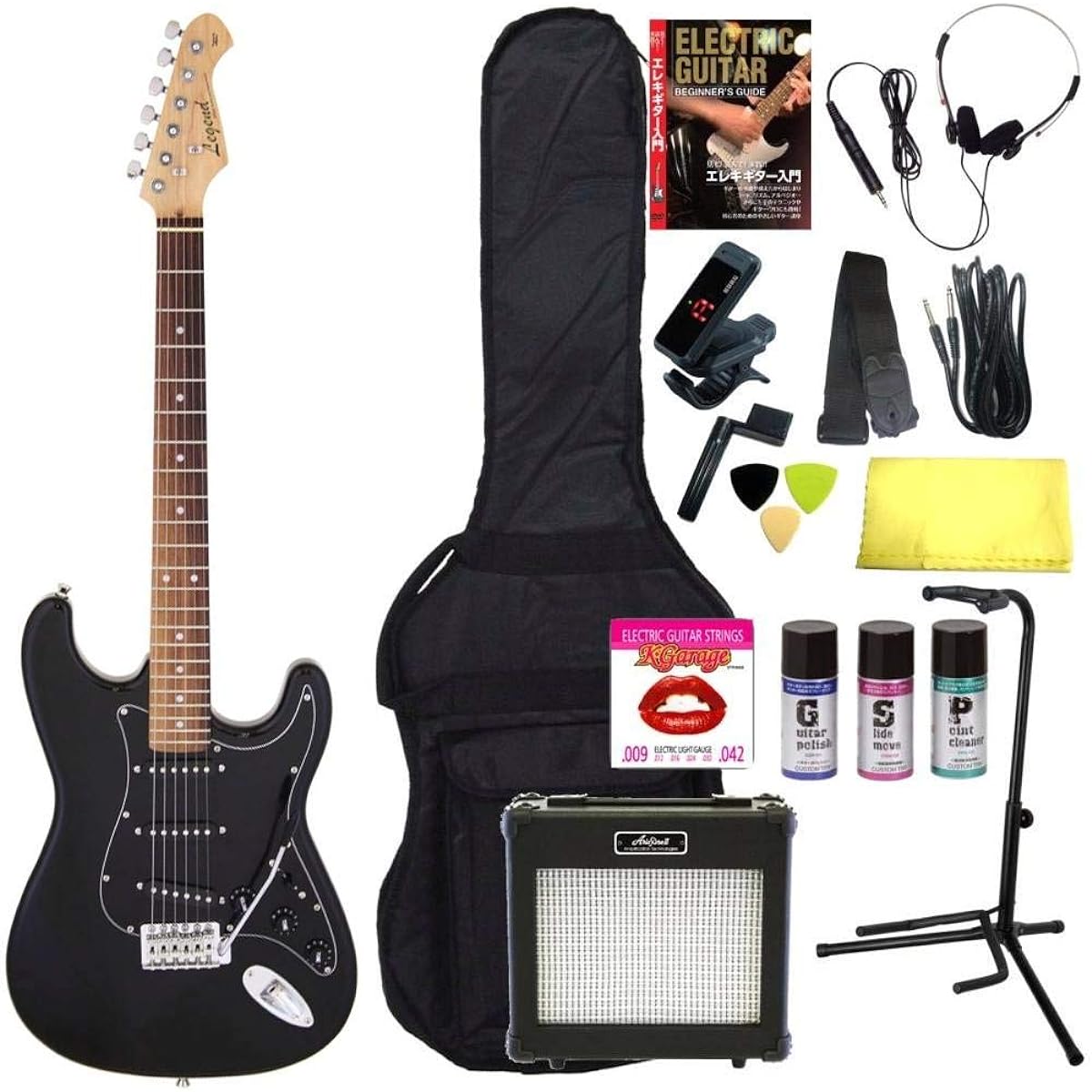 [Perfect 16-piece set/ARIA 6W amplifier] Legend LST-Z B/BK (Black) Stratocaster electric guitar beginner set introductory set