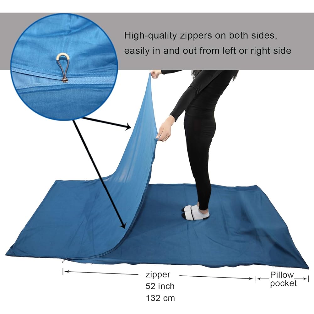 BROWINT silk/cotton travel sheet with double zipper, hotel specification (220cm x 110cm), extra wide sleep sack, lightweight sleeping bag liner for camping