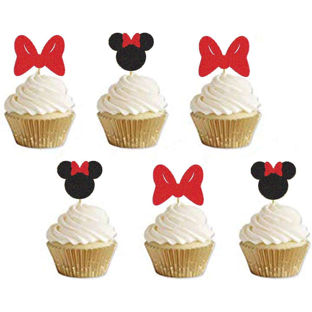 Minnie Cupcake Toppers for Girls Pink Mouse Baby Shower Party First Duo Birthday Supplies Decorations Table Decor Photo Booth Props 24pcs (Red)