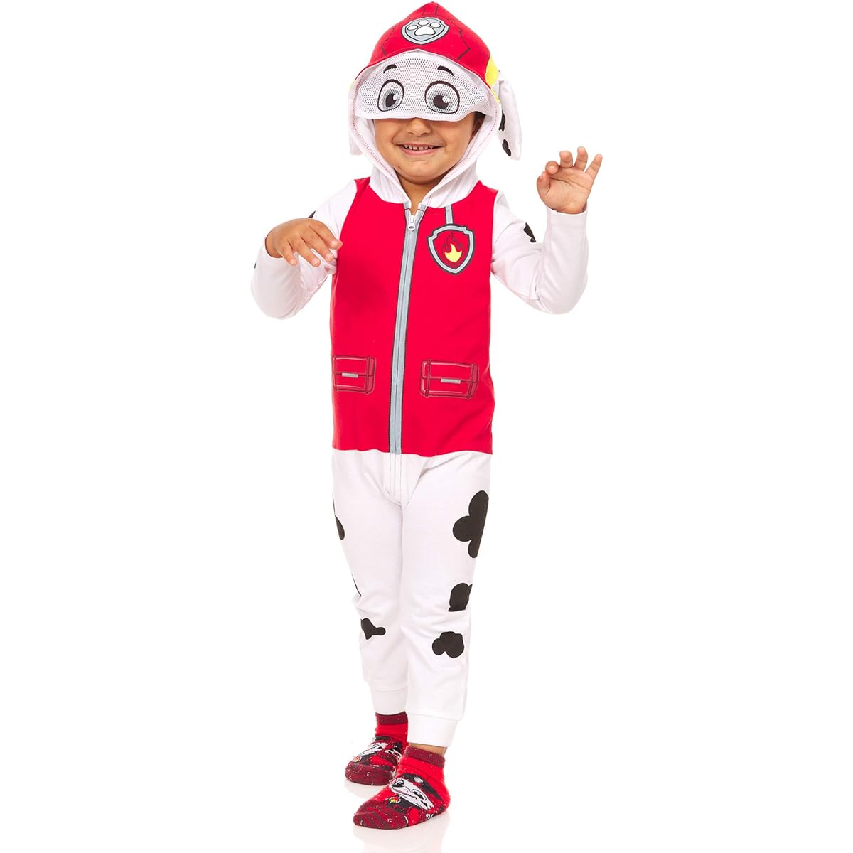 Paw Patrol Boys Marshall Costume Marshall Costume Hooded Zip-Up Jumpsuit with Mesh Visor, Red/White/Black, 2T