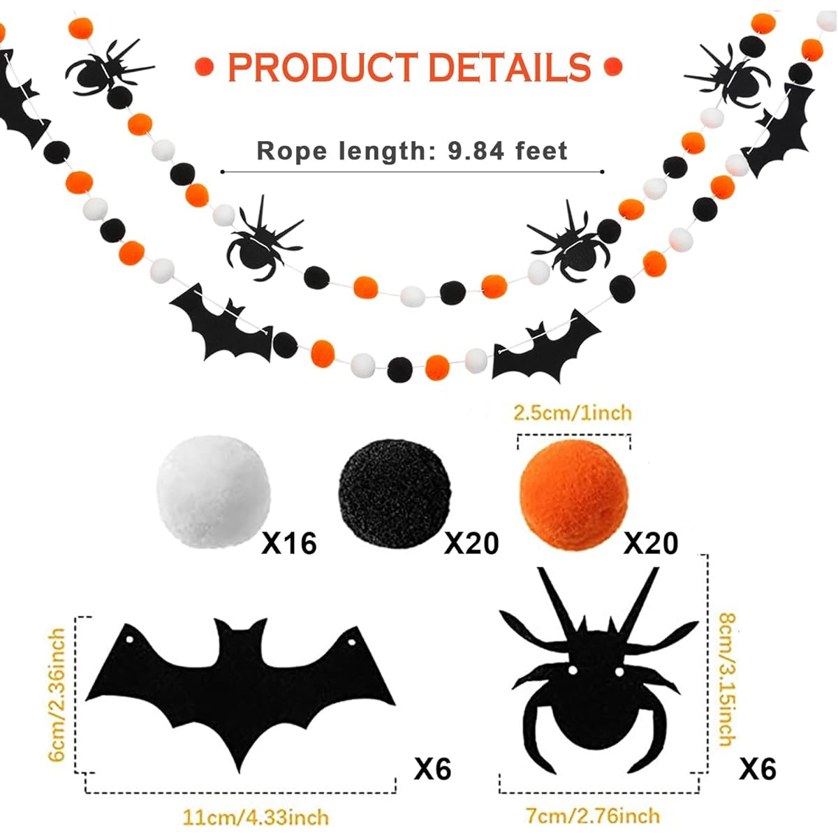 9.84ft Halloween Theme Banners, 2pcs Cute Ghost Banners Black White Orange Party Banner Felt Balls Halloween Garland Halloween Haunted House Decorations Doorway Home Mantel Supplies