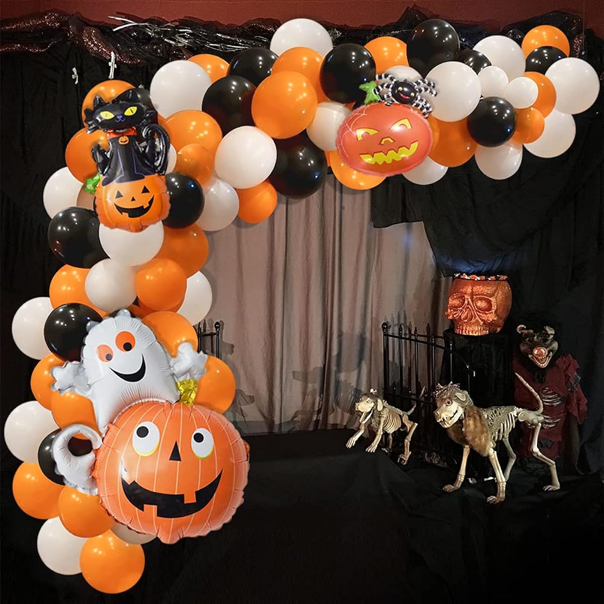 WEHVKEI Halloween Balloon Garland Kit, 122pcs Black Orange White Latex Balloons Garland Arch with Ghost Pumpkin Spider and Black Cat Foil 3D Balloons, Balloon Decorations for Classroom