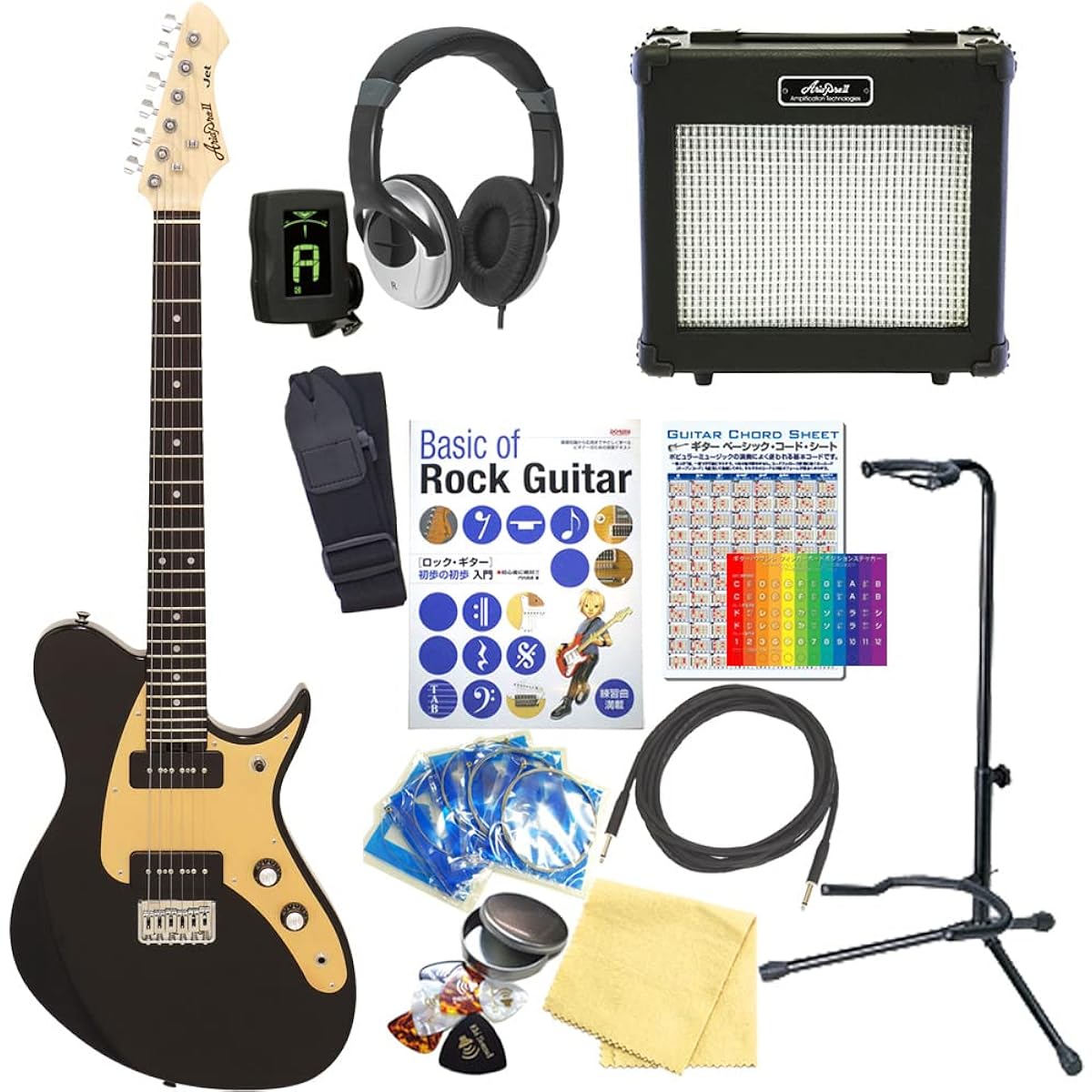 Electric Guitar Beginner Set AriaProII JET BK Aria Jet 15-piece set