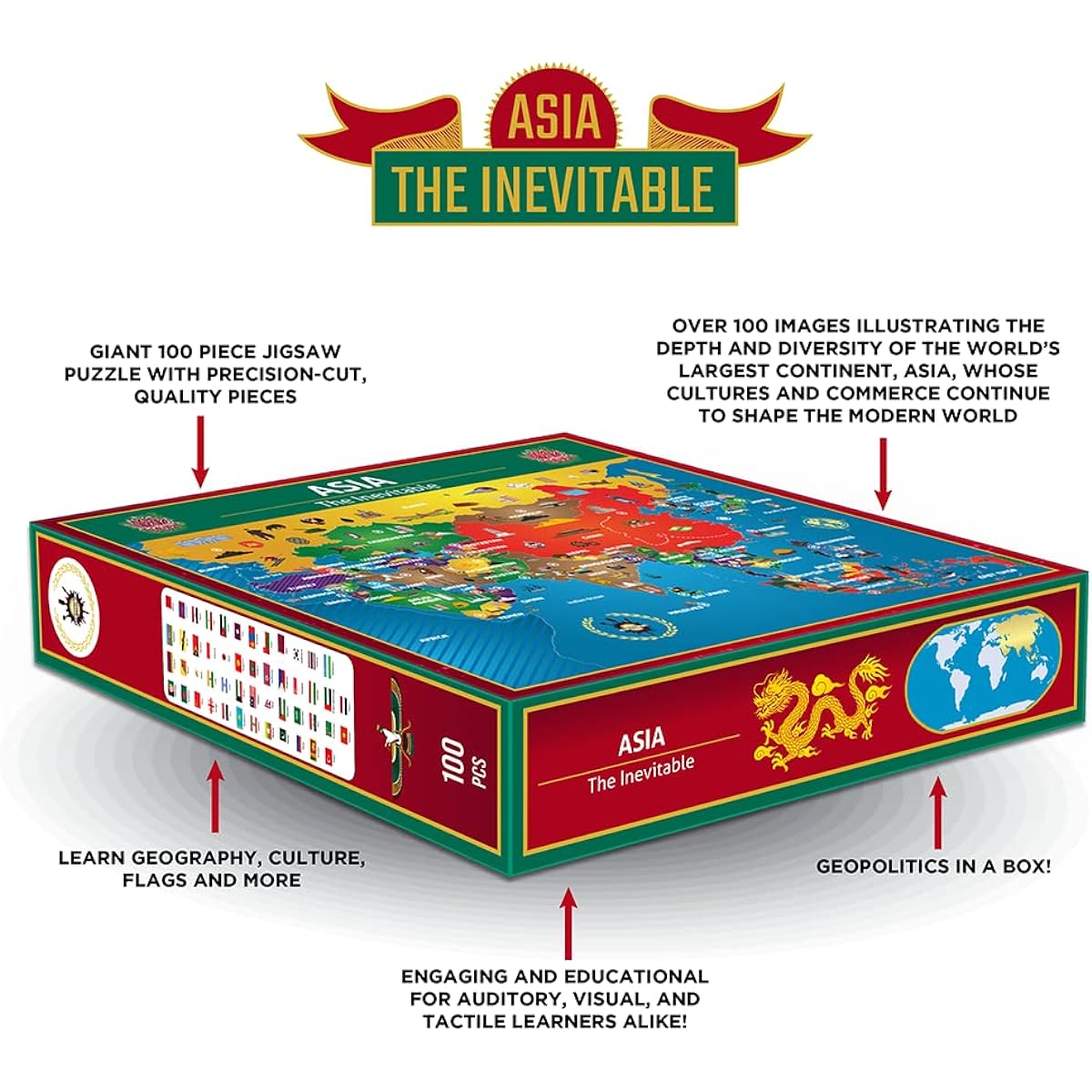 Asia Map Puzzle - Map of Asia - Jigsaw Puzzle - Education History - 100 Piece Puzzle - Inevitable Continents - Geography Puzzle - China | India | Russia | Japan | Philippines | Thailand