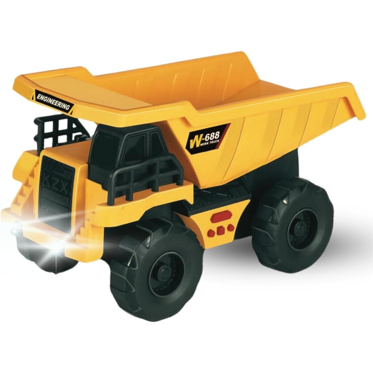 Big Construction Dump Truck Friction Powered Toy - 10" Yellow Truck with Realistic Lights & Sounds, Lifting Bed, 4 Button Vehicle for Kids