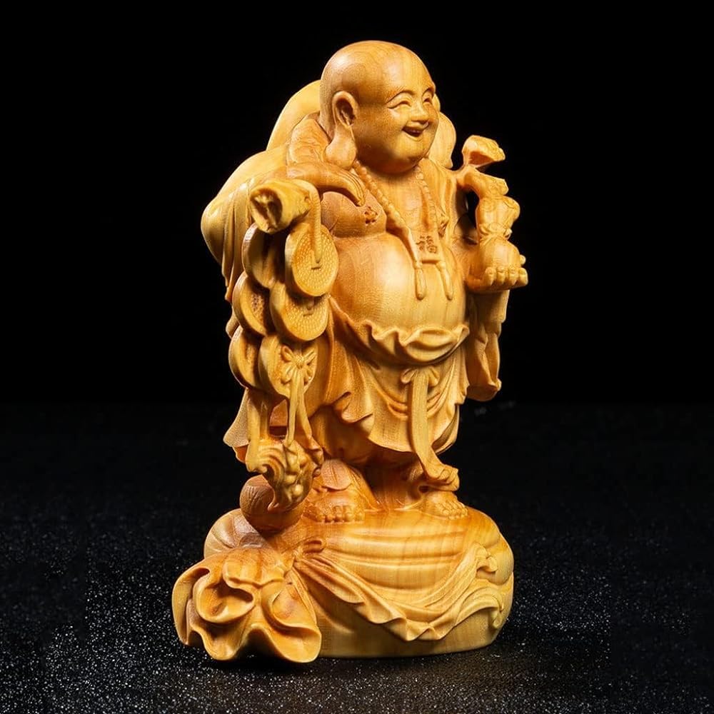 Buddha Statue Wood Carving Mini Seven Lucky Gods Ornament Hotei High Quality Natural Boxwood Wood Carving Hotei-sama Feng Shui (Height 10cm)