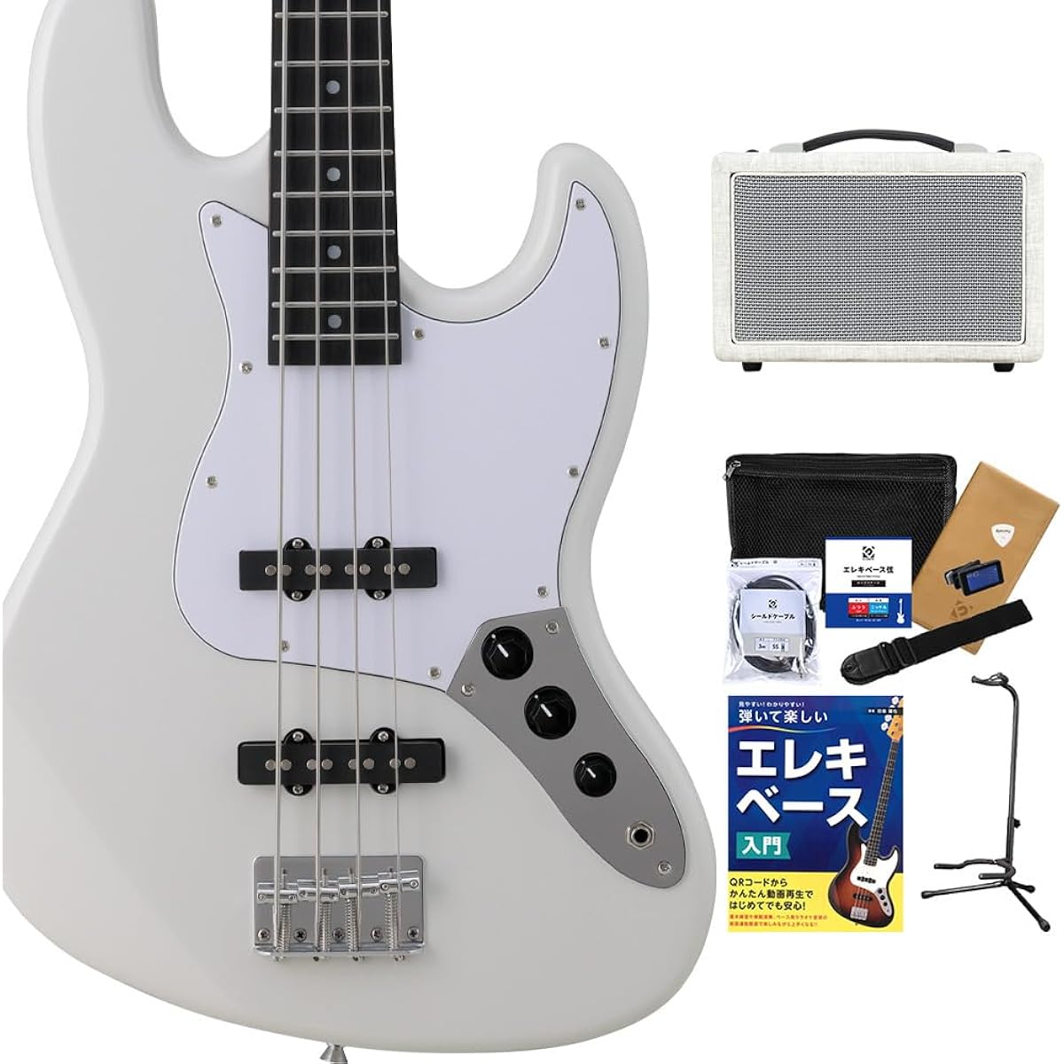BUSKER'S BJB-Standard GWT Beginner's Bass Set Shimamura Music's best-selling bass amp included Jazz bass type Roasted maple Gray white BUSKER'S