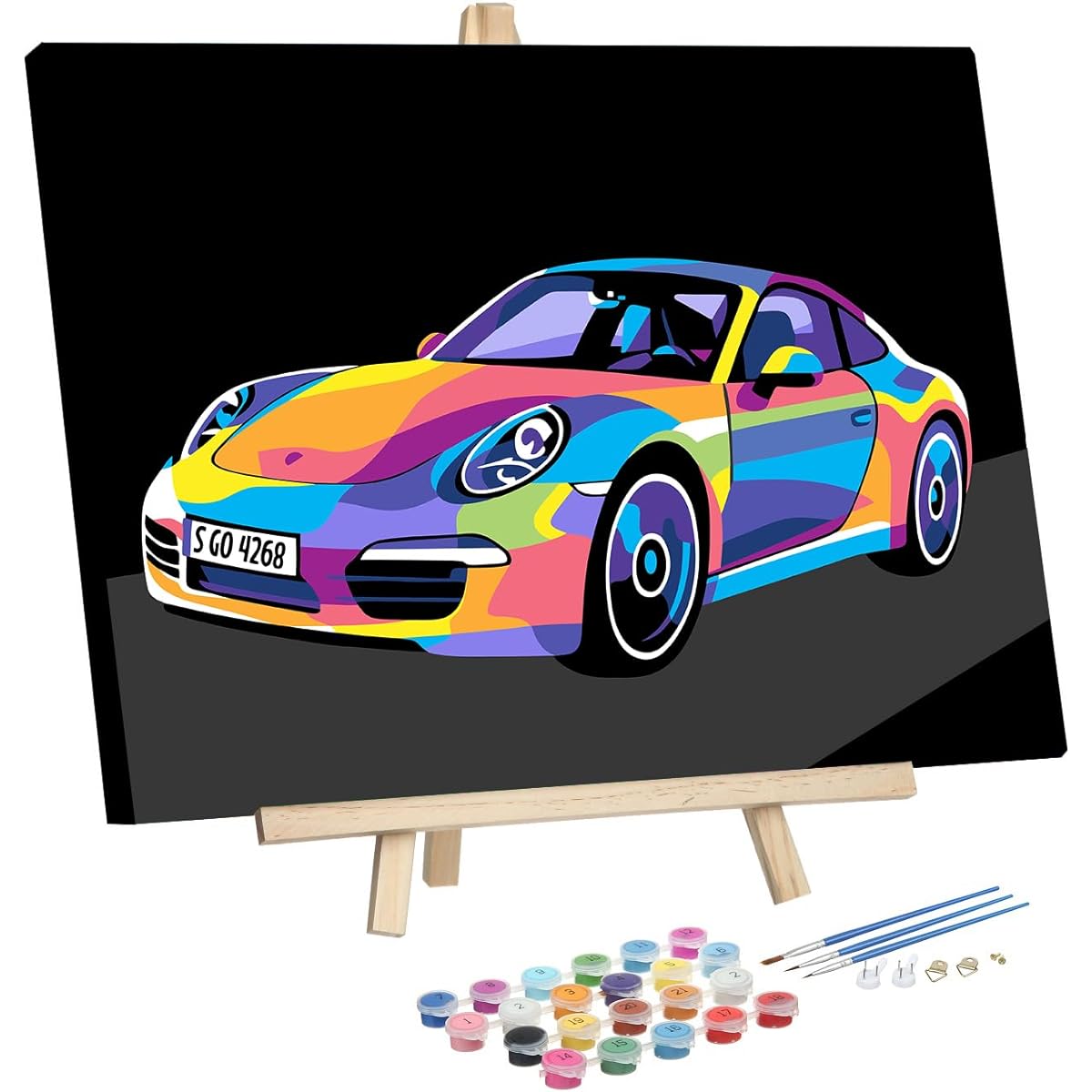 Dydjoy Paint by Numbers DIY Paint Kit for Adults & Kids - 12" x 16" Colorful Cars with Wooden Easel