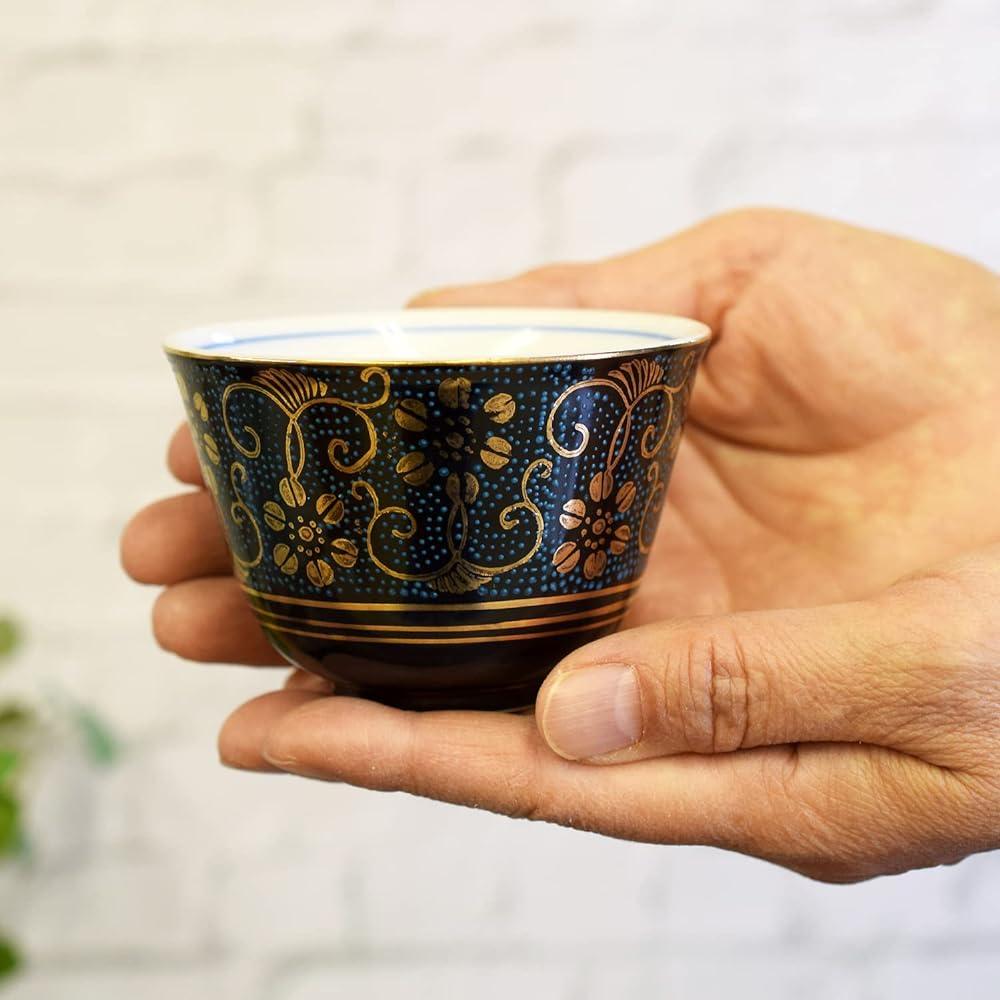Kutani ware teacup set of 5, blue grain iron, stylish teacup, for guests, luxury tea utensils