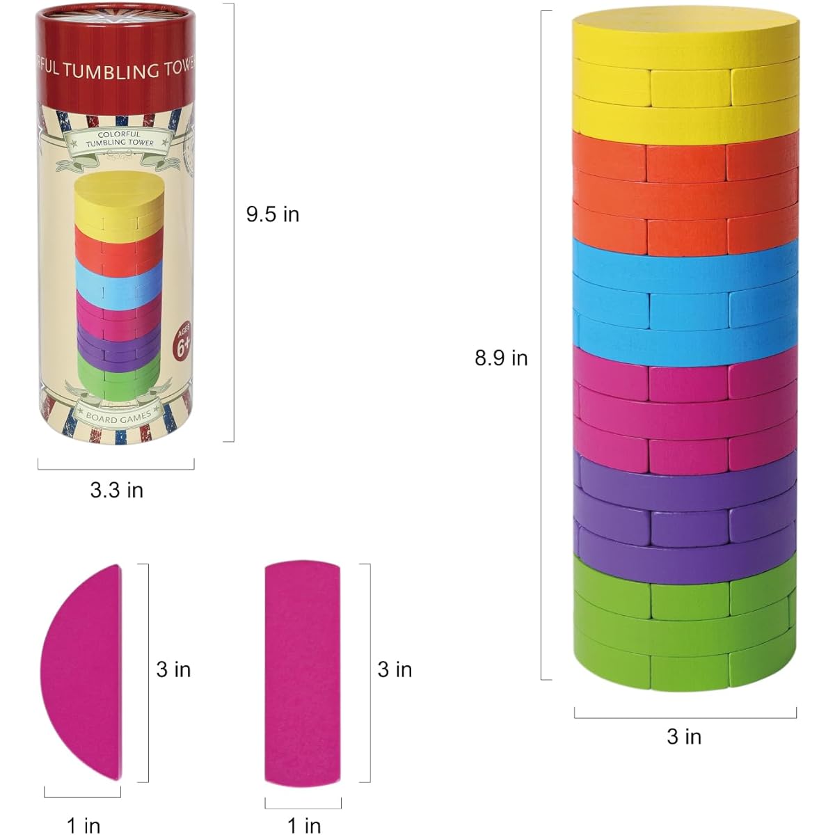 GOTHINK Round Colorful Tower Tumbling Blocks Game, 54 Colorful Pieces, Family Game Night Classic Game, Great for Adults and Kids