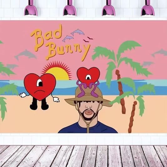 5 * 3ft Bad Cute Bunny Rapper Bunny for Music Party Decor or Club Backdrop Poster Dormitory Red Heart Summer Bunny Background