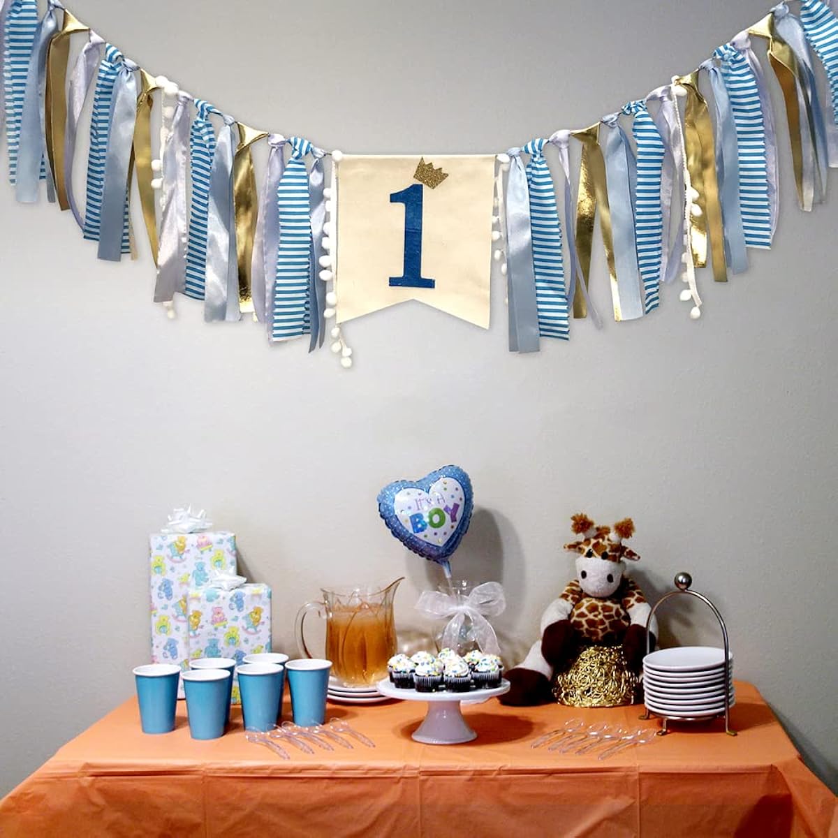 AULEGE 1st Birthday Banner for Baby, First Birthday, Highchair Banner, Party Theme Pull Flags for Baby, 1st Birthday Party Supplies, Navy Blue