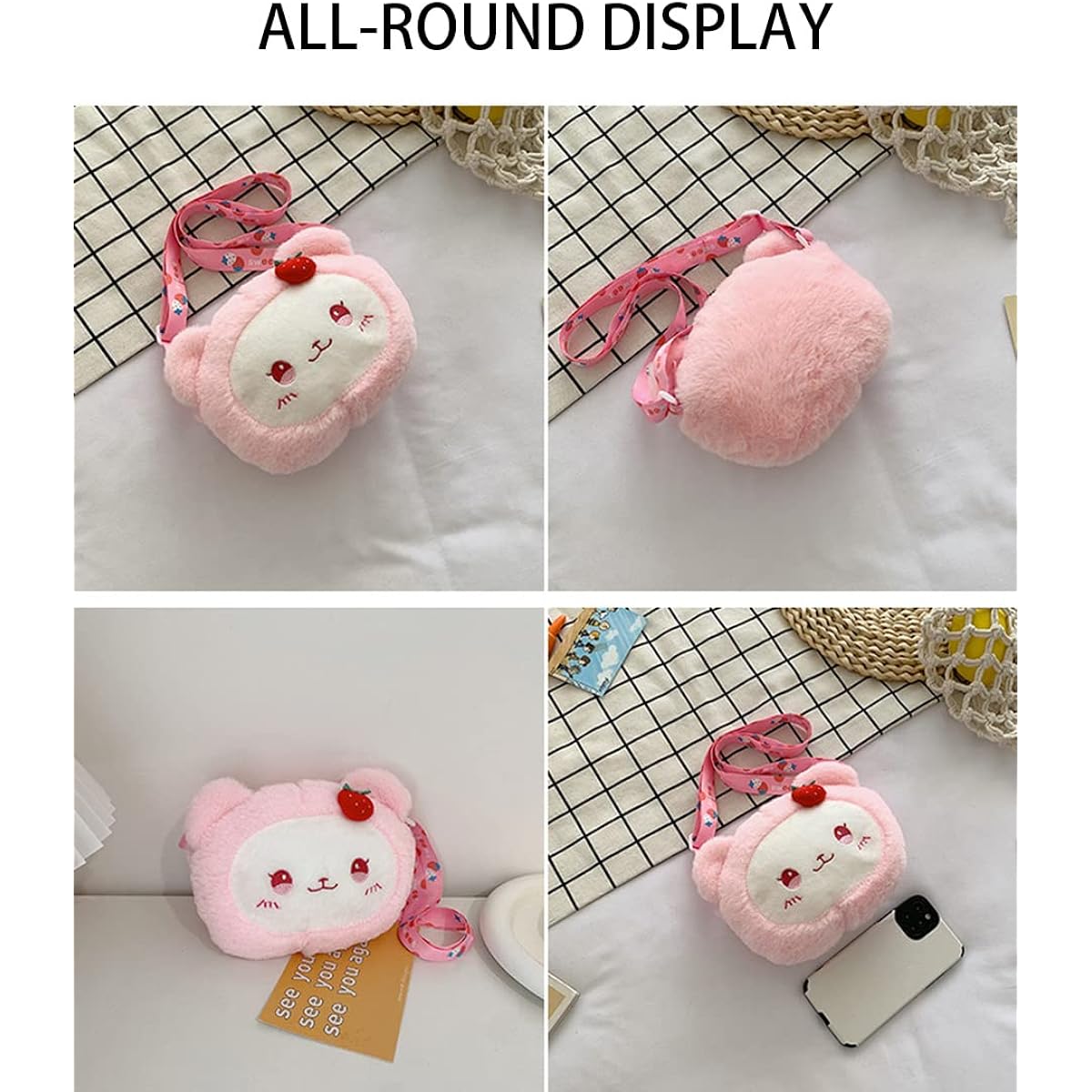 OANEXX Plush Doll Coin Purse Cute Strawberry Bear Rabbit Corse Body Bag Cute Mini Keychain Wallet Cartoon Plush Bag 2pcs, White, Kawaii.