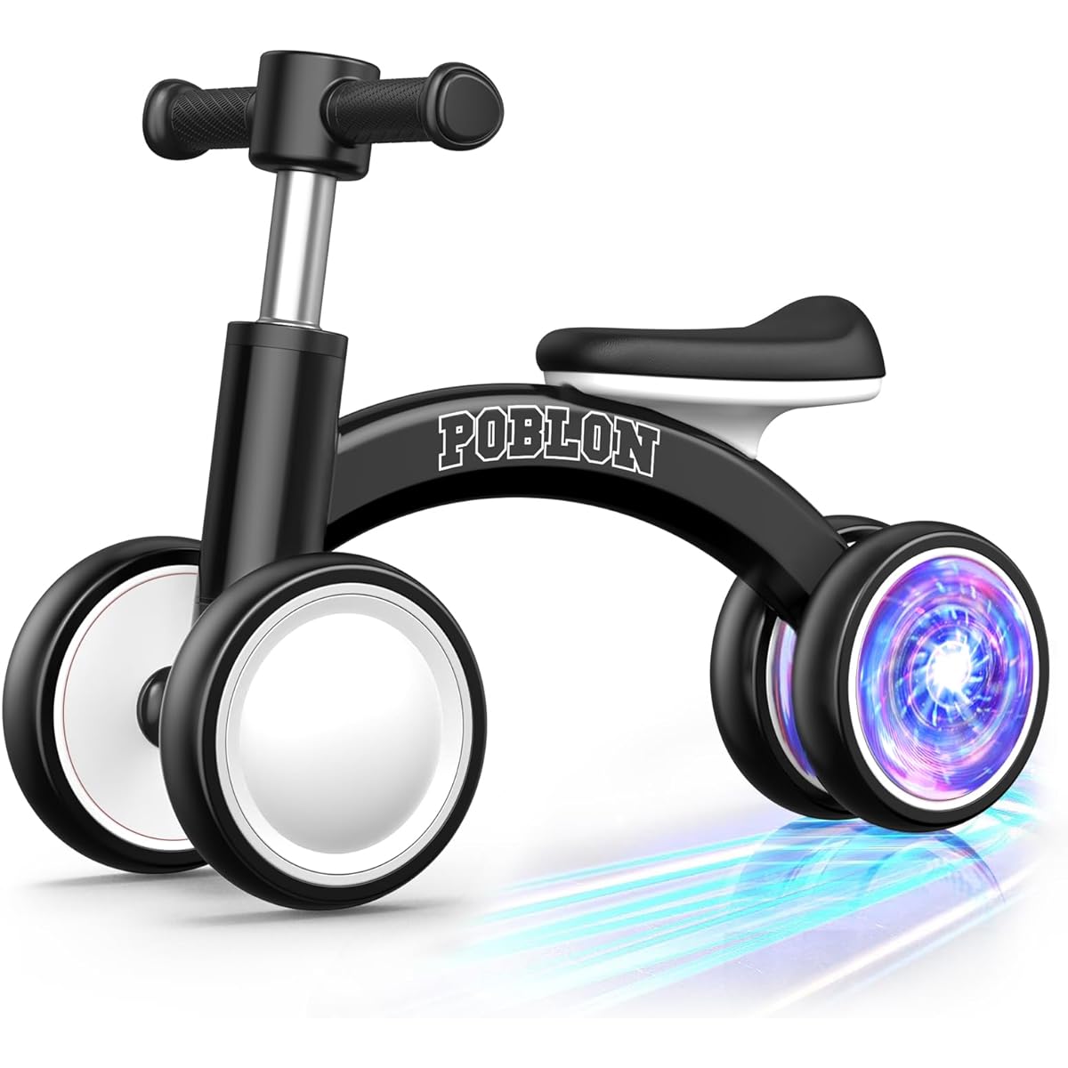 POBLON Colorful Lighting Baby Balance Bike for 1 Year Old Girls and Boys, 12-24 Months, Toddler Bicycle, 4 Wheels & Soft Seat, First Birthday Gift (Black)