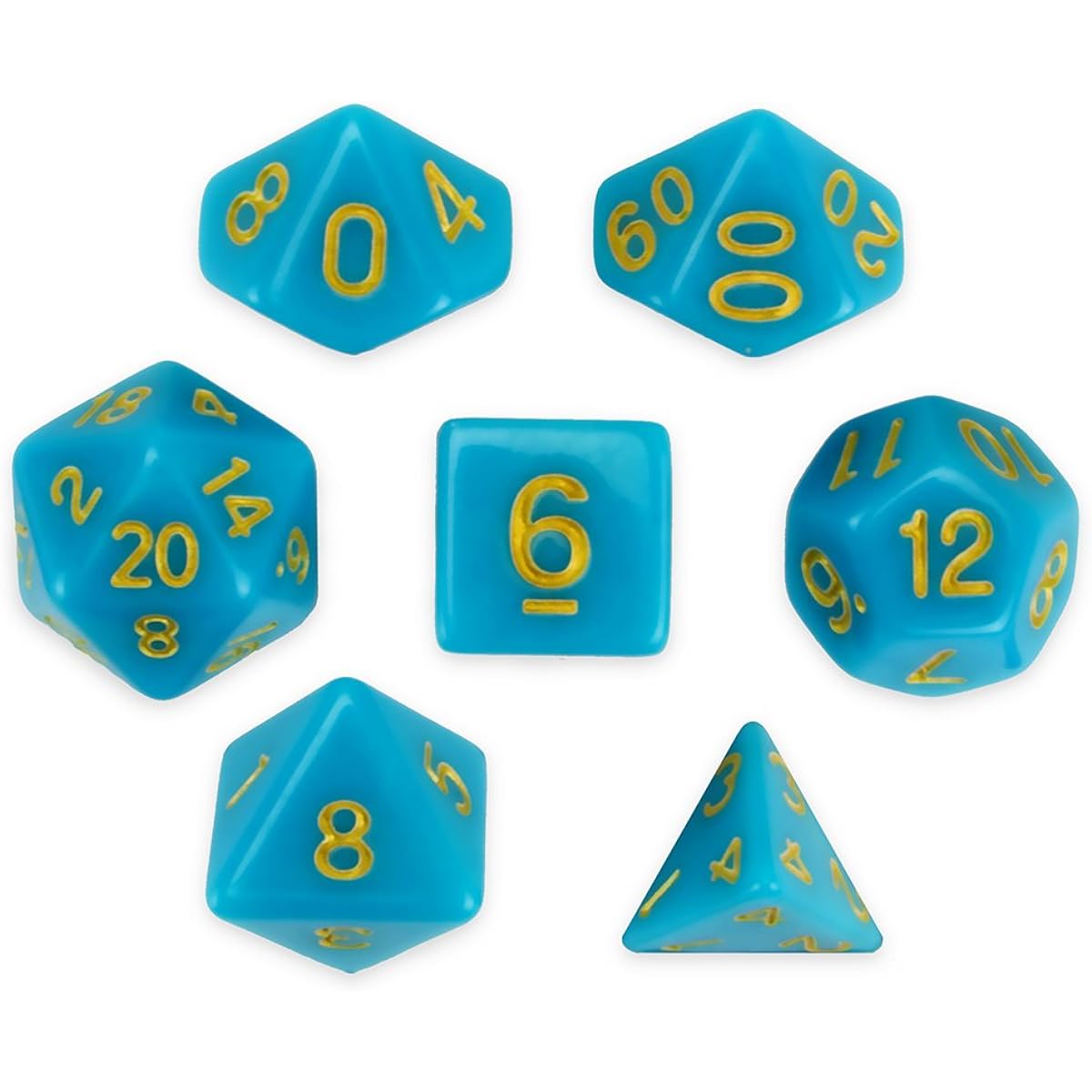 Wiz Dice Skystone Set of 7 Polyhedral Dice, Solid Blue Turquoise Tabletop RPG Dice with Clear Display Box