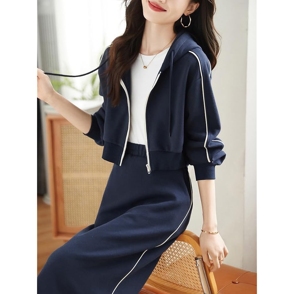 [Sayla] Parka, Long Skirt, Top and Bottom 2 Piece Set, Women's Setup, Autumn, Winter, Spring, Medium Length, Slit Skirt, Elastic Waist Sweatshirt, Beautiful, Stylish, Adults, Casual
