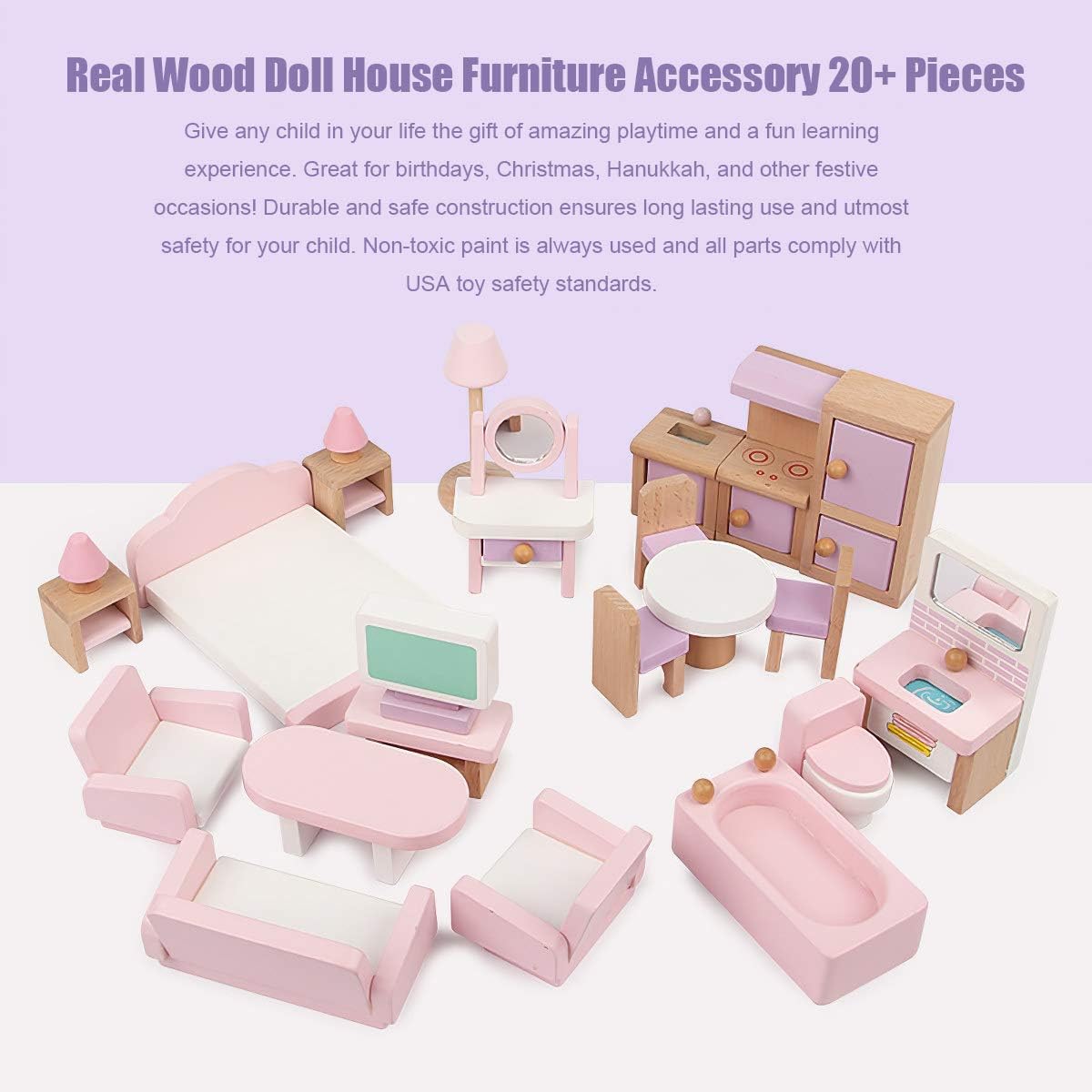 22 Pieces Wooden Dollhouse Furniture Accessories 1:12 Scale Wooden Toys Dollhouse Furniture Girl Dolls for Living Room Kitchen Dining Room Bedroom Bathroom