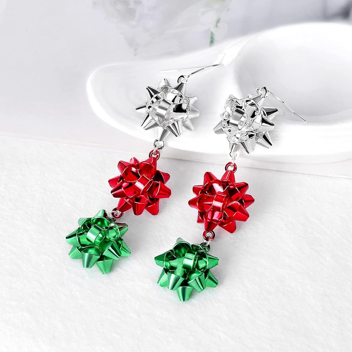 Christmas Earrings for Women Girls Cute Christmas Tree Gift Ribbon Dangle Earrings Holiday Party Drop Stud Earrings