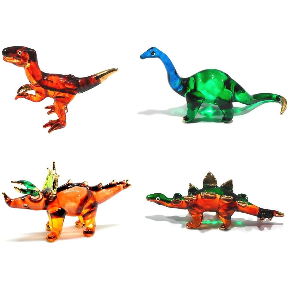 Handmade Set of 4 Mini 2.5" Dinosaur Blown Glass Art Wildlife Collectibles Figurines Ornaments Teacher Gift Ideas Anniversary Birthday Home