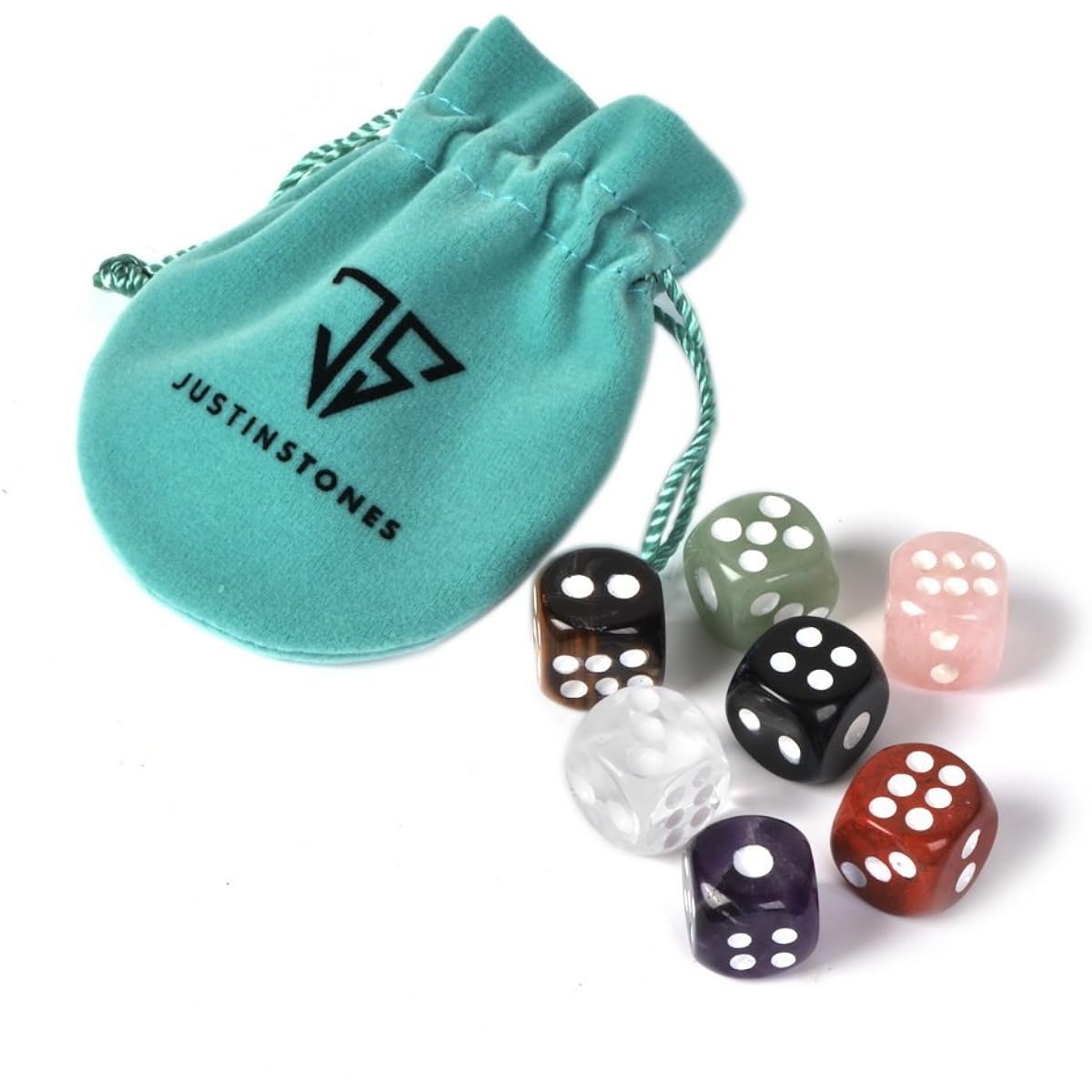 Dice 7 Chakras Colours Natural Gemstone Crystal 15mm Amethyst + Tiger Eye + Obsidian + Clear Quartz + Rose Quartz + Red Jasper + Aventurine (Pack of 7)
