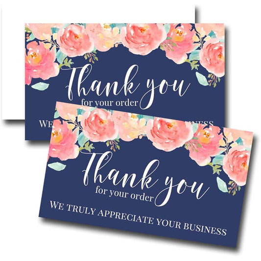 AmandaCreation Watercolor Floral Navy Background Thank You Customer Appreciation Package Inserts for Small Businesses 2" x 3.5" Single Sided Insert Cards, 100 Count