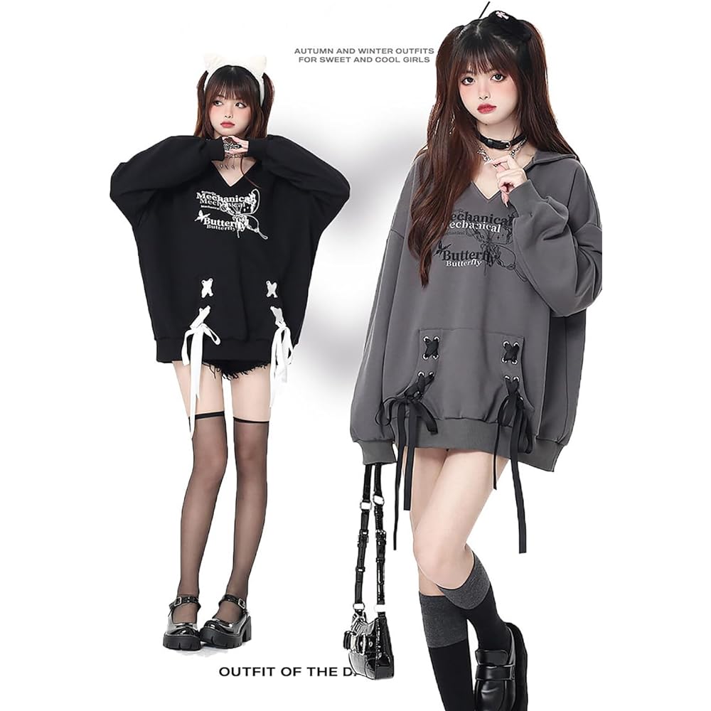 [TOWYYO] Sickly Cute Hoodie with Ribbon, Women's, Butterfly Pattern Print, V-Neck, Landmine, Subculture, Harajuku, Loose, Korean Fashion, Long Sleeve, Clothes, Stylish, Spring, Autumn, Winter