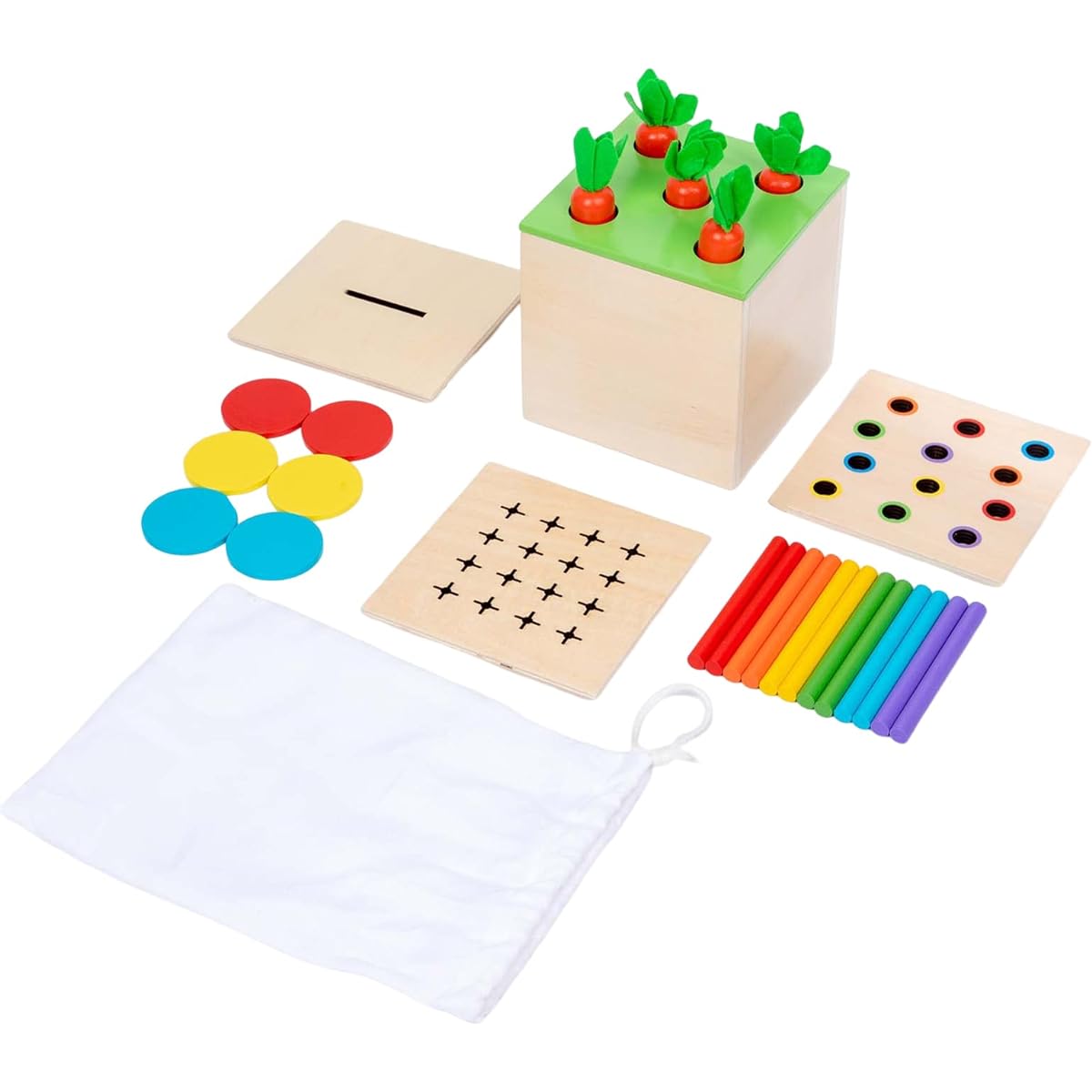 Montessori Toy Play Box with Coins/Sticks/Carrots/Cotton Swab Board Fine Motor Skills Game 4 in 1 for 1 Year Old