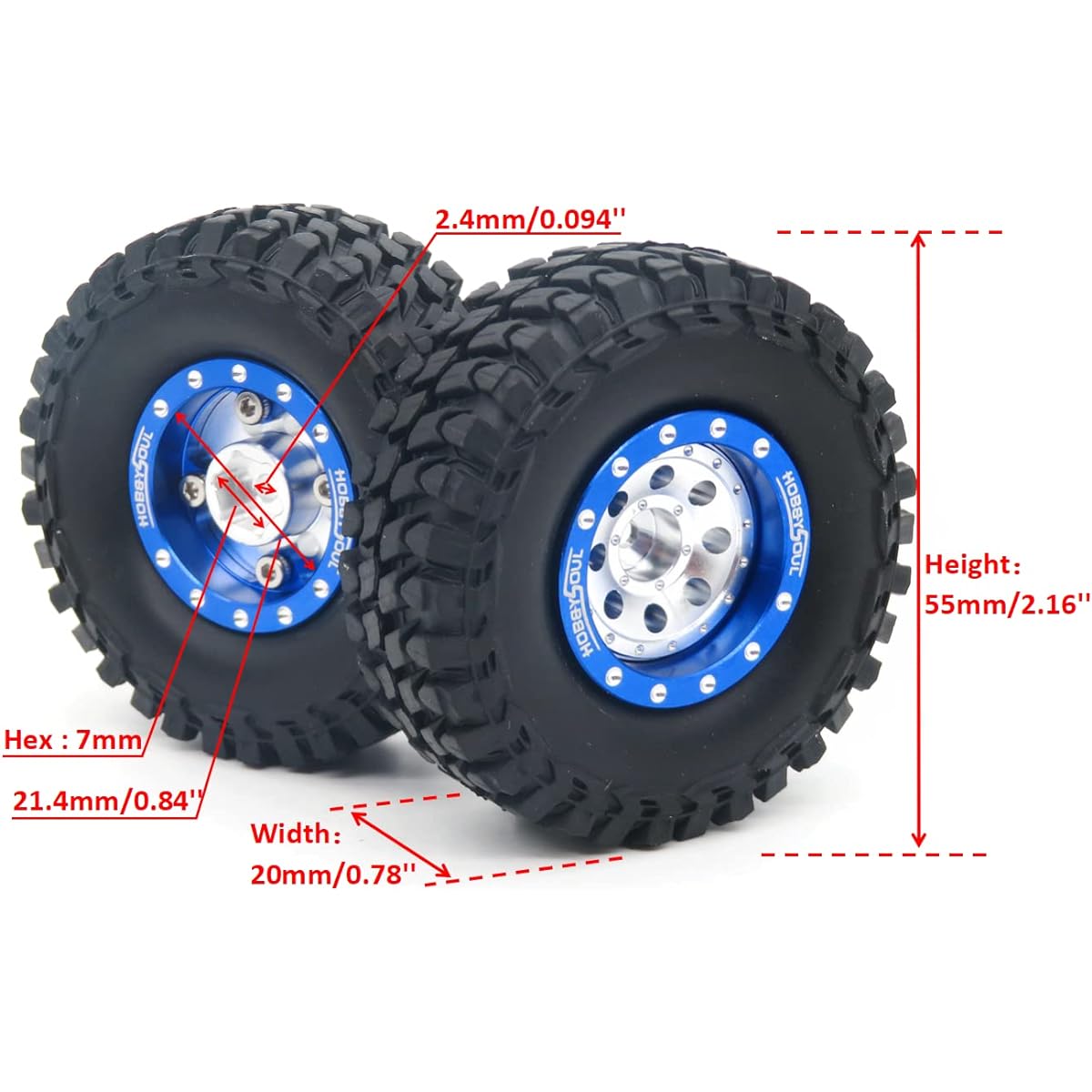 HOBBYSOUL Adjustable Offset 1/24 Wheels and Tires Blue Silver 1.0 Tires & Heavy 1.0 Beadlock Wheel Rims for 1:24 RC Crawler Axial SCX24 Upgrades & Other 1/24 Crawler Trucks (4 Pack Pre-assembled)