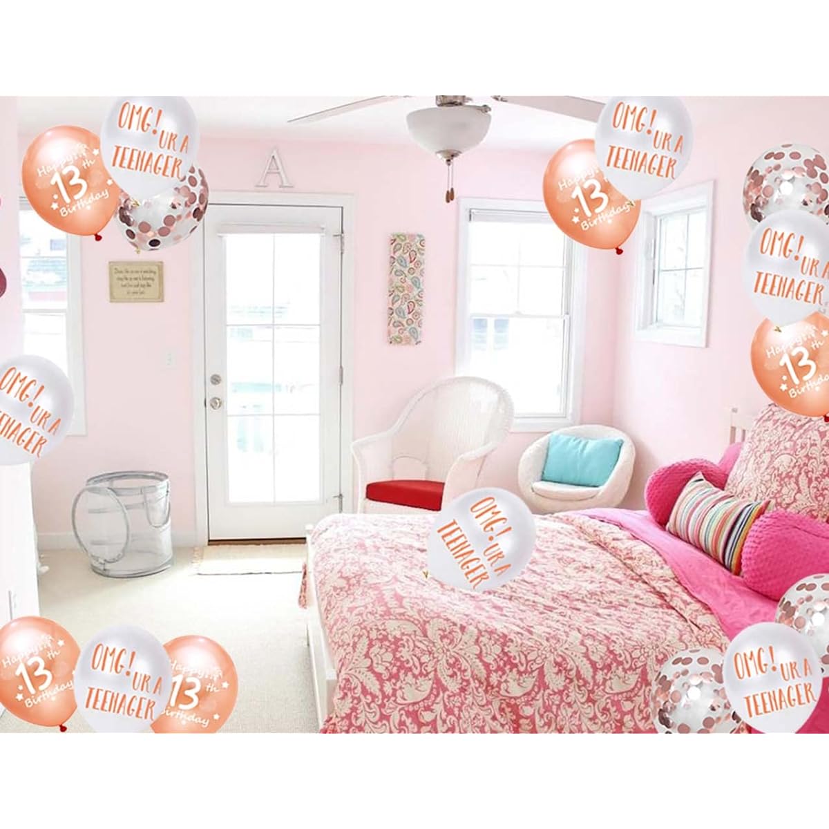 OMG UR A 13th Birthday Balloons, 13th Birthday Latex Confetti Balloon Ribbon for Girls 13th Birthday 12" Rose Gold